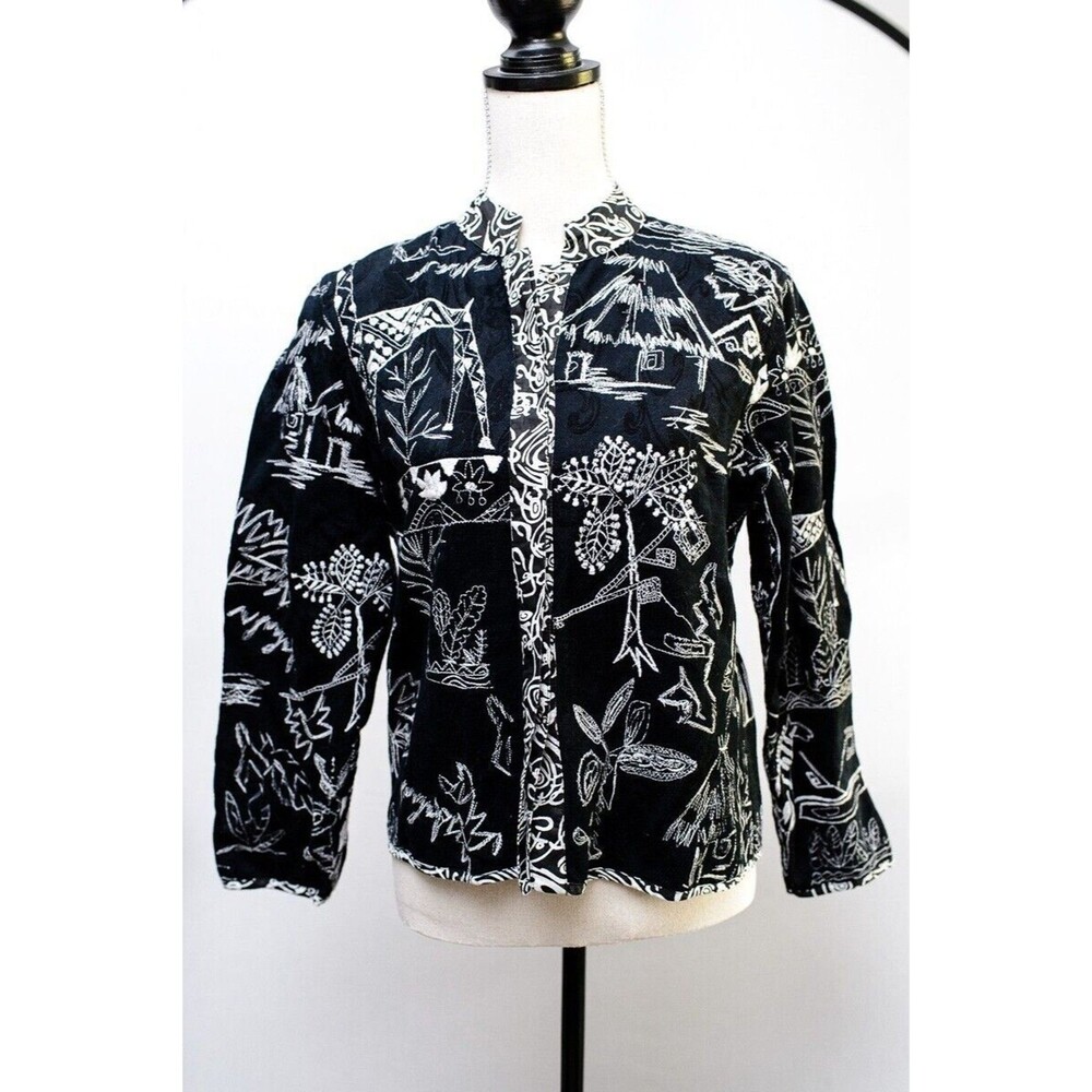 Chico's Blazer Size 0 Small Black White Safari Patterned mandarin Collar
